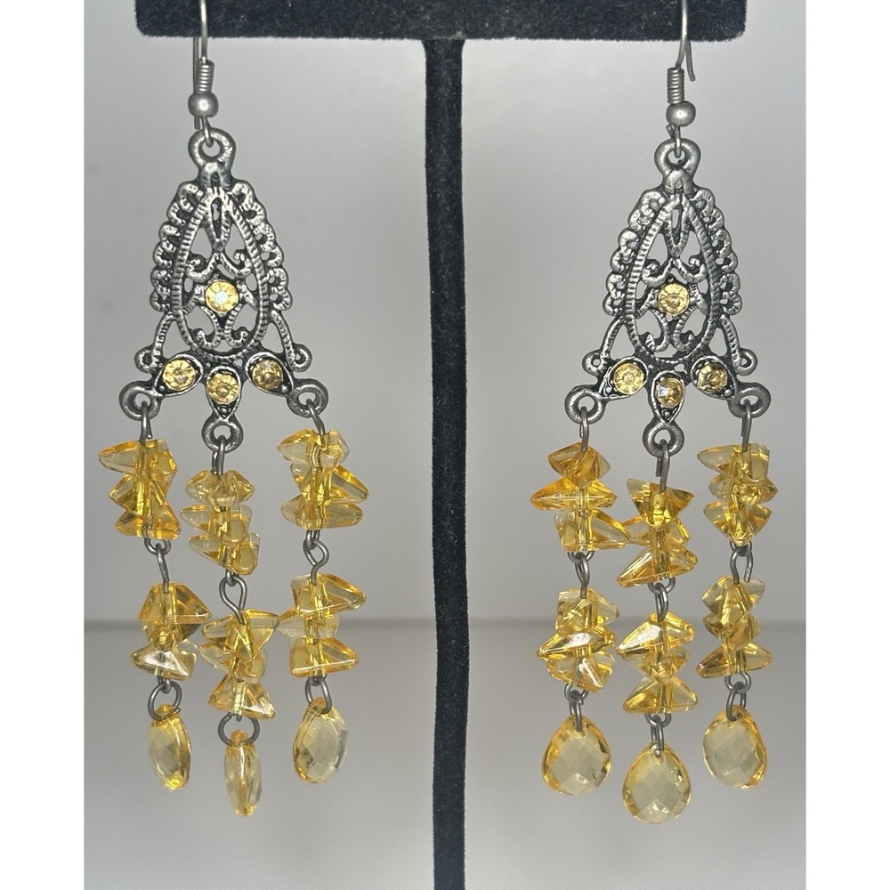 Vintage Silver Tone Filigree Yellow Bead Rhinestone Chandelier Earrings 3.5"